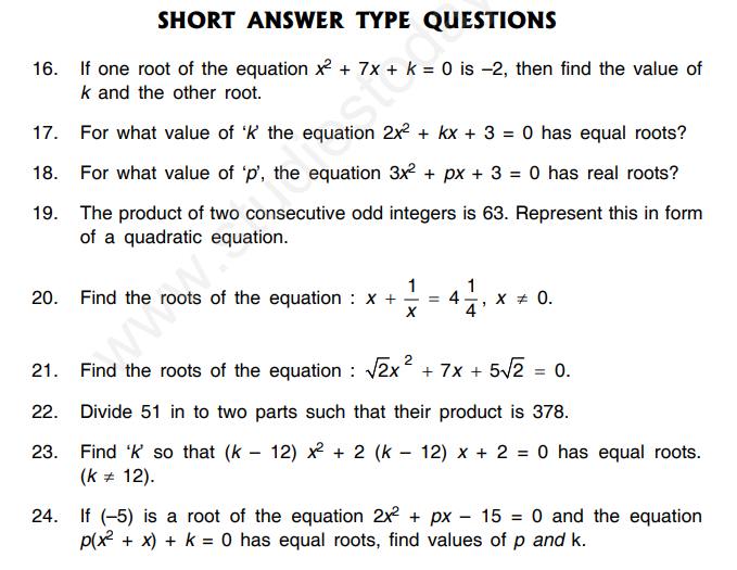 Cbse Class 10 Mathematics Quadratic Equations Assignment Set I 9988